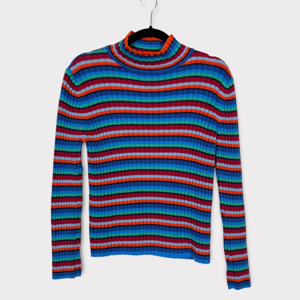 Tommy Hilfiger Funnel Neck Knit Sweater Large Striped Preppy Academia Y2K